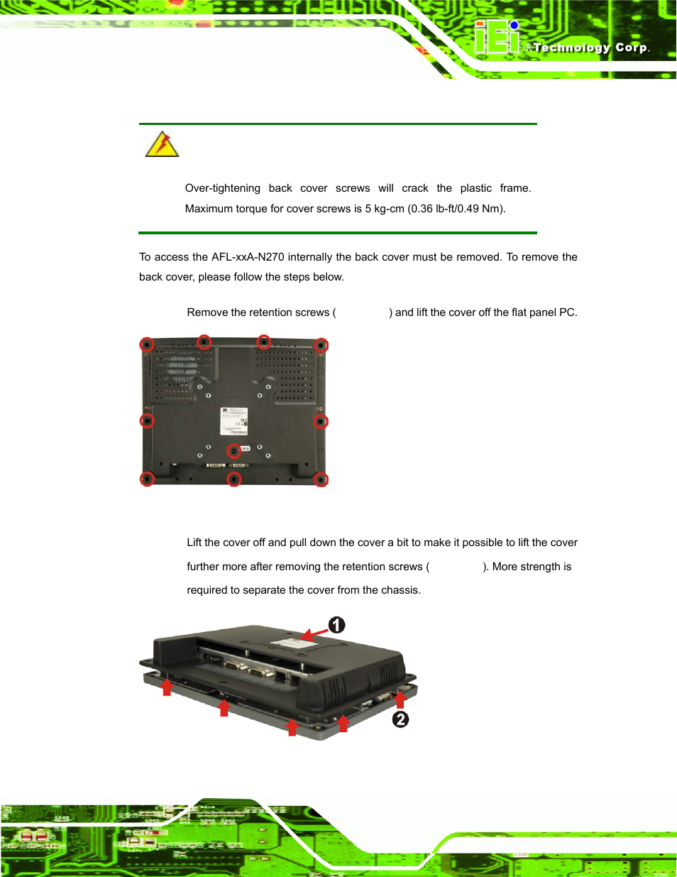 5 removing the back cover, Emoving the, Over | Figure 4-1: back cover retention screws | IEI Integration AFL-xxA-N270-Series v2.11 User Manual | Page 45 / 170