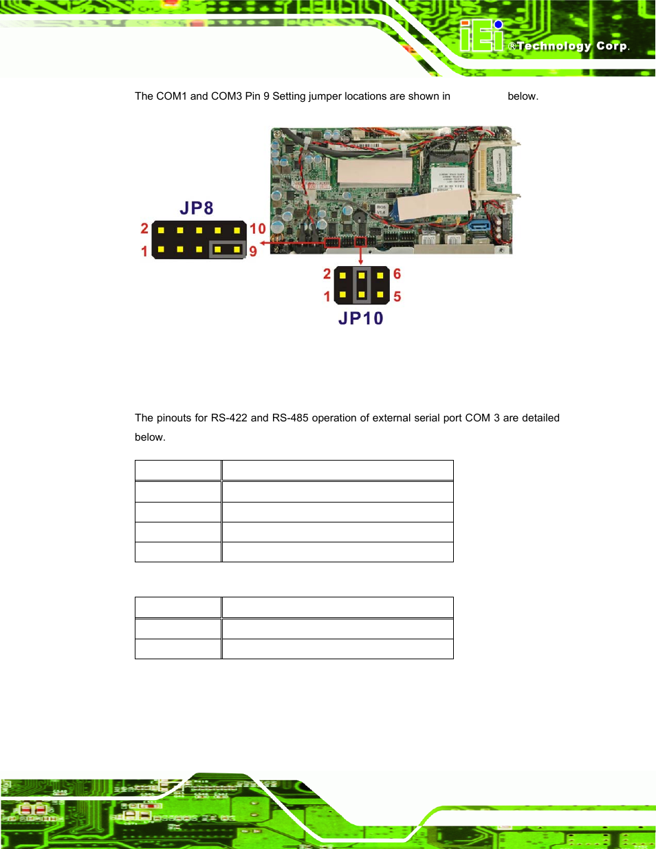 1 com3 rs-422 and rs-485 pinouts, Table 4-6: rs-422 pinouts, Table 4-7: rs-485 pinouts | See figure 4-8 | IEI Integration AFL-xxA-N270-Series v2.11 User Manual | Page 53 / 170