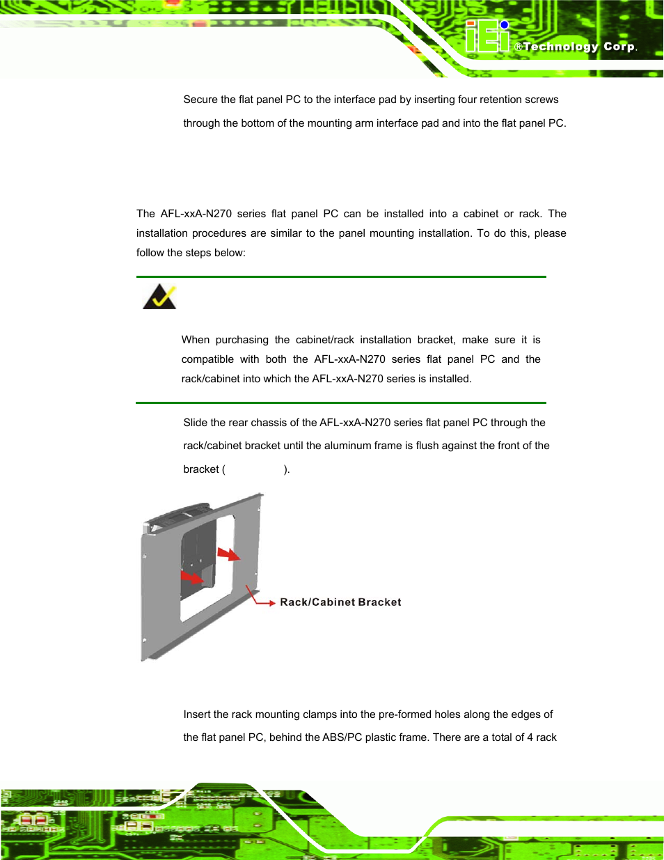 4 cabinet and rack installation, Figure 4-22: the rack/cabinet bracket | IEI Integration AFL-xxA-N270-Series v2.11 User Manual | Page 65 / 170