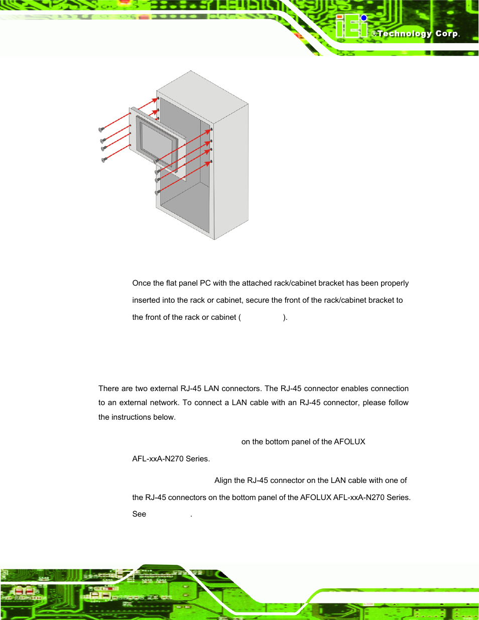 11 bottom panel connectors, 1 lan connection, Ottom | Anel, Onnectors, Figure 4-24: install into a rack/cabinet | IEI Integration AFL-xxA-N270-Series v2.11 User Manual | Page 67 / 170