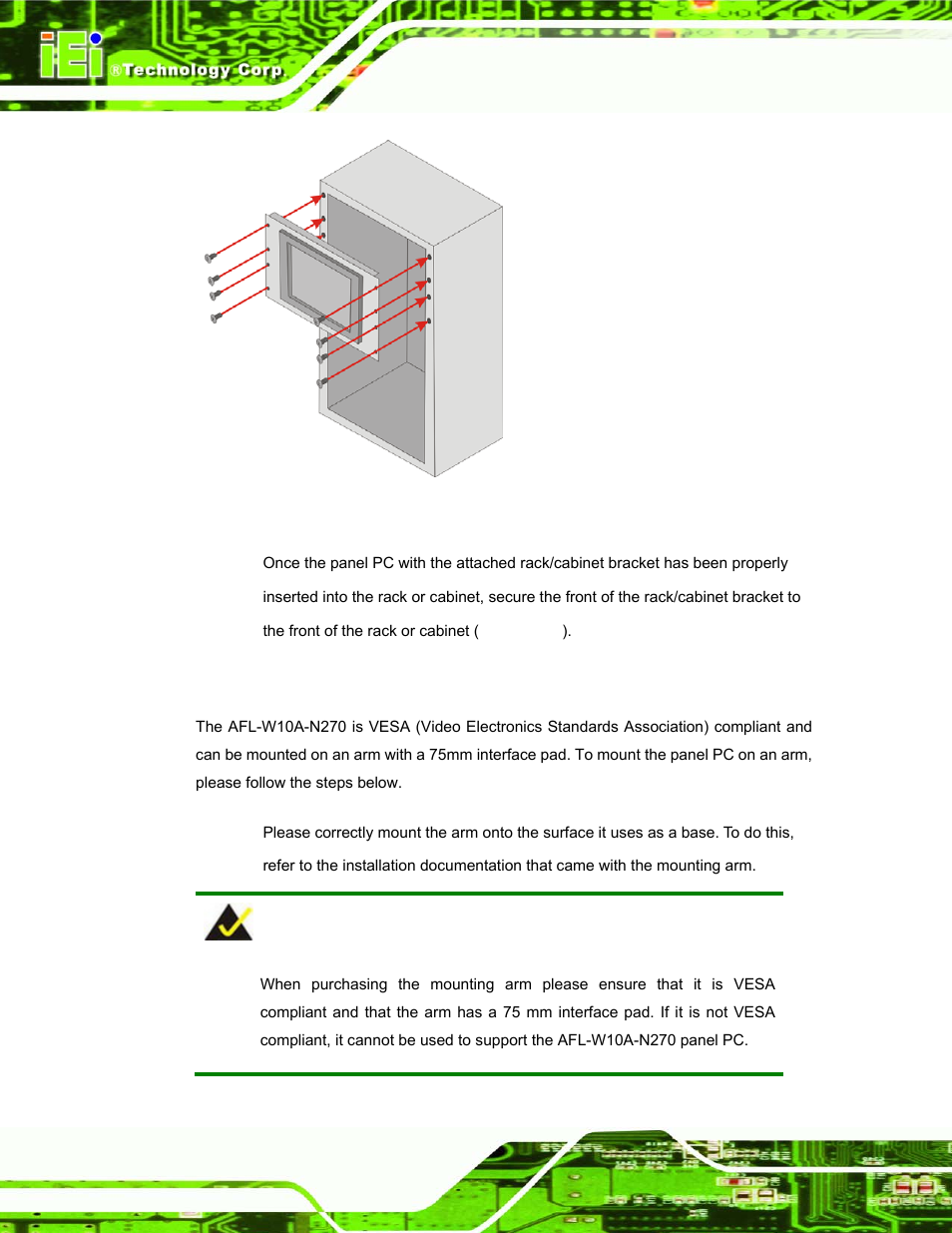 4 arm mounting, Figure 2-17: install into a rack/cabinet | IEI Integration AFL-W10A-N270 v1.00 User Manual | Page 44 / 113
