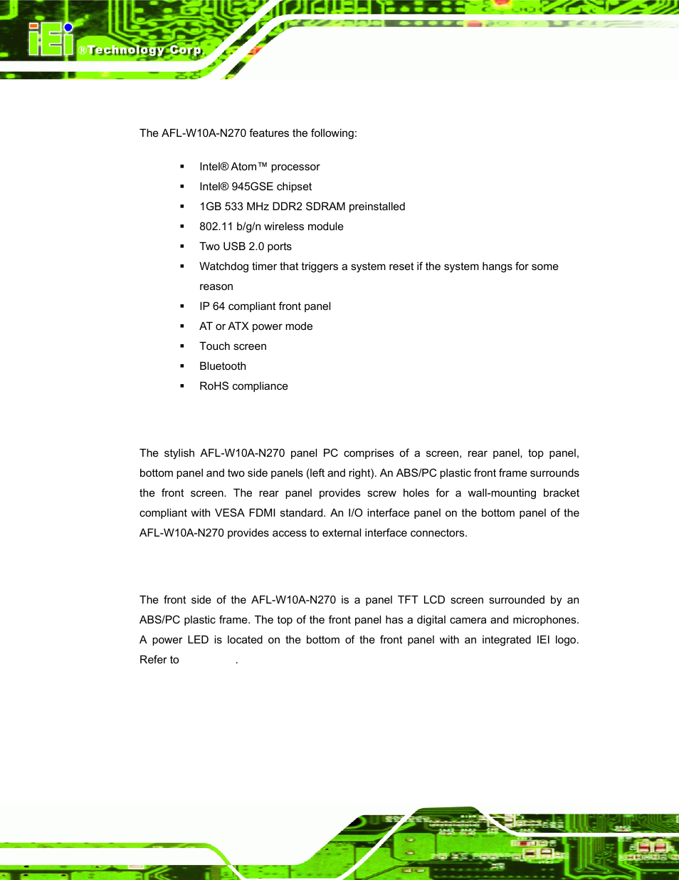 1 features, 2 external overview, 1 front panel | Xternal, Verview | IEI Integration AFL-W10A-N270 v2.13 User Manual | Page 14 / 143
