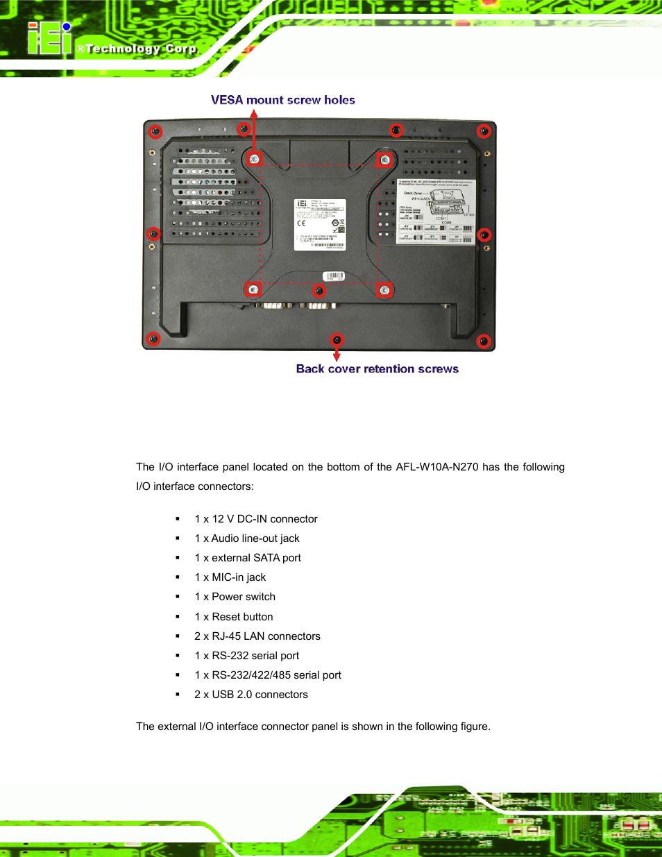 3 i/o interface panel, Figure 1-3: afl-w10a-n270 rear view | IEI Integration AFL-W10A-N270 v2.13 User Manual | Page 16 / 143