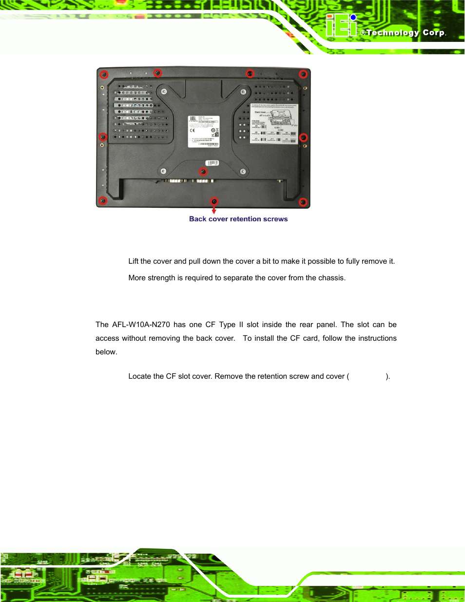 3 cf card installation, Nstallation, Figure 2-1: back cover retention screws | IEI Integration AFL-W10A-N270 v2.13 User Manual | Page 27 / 143