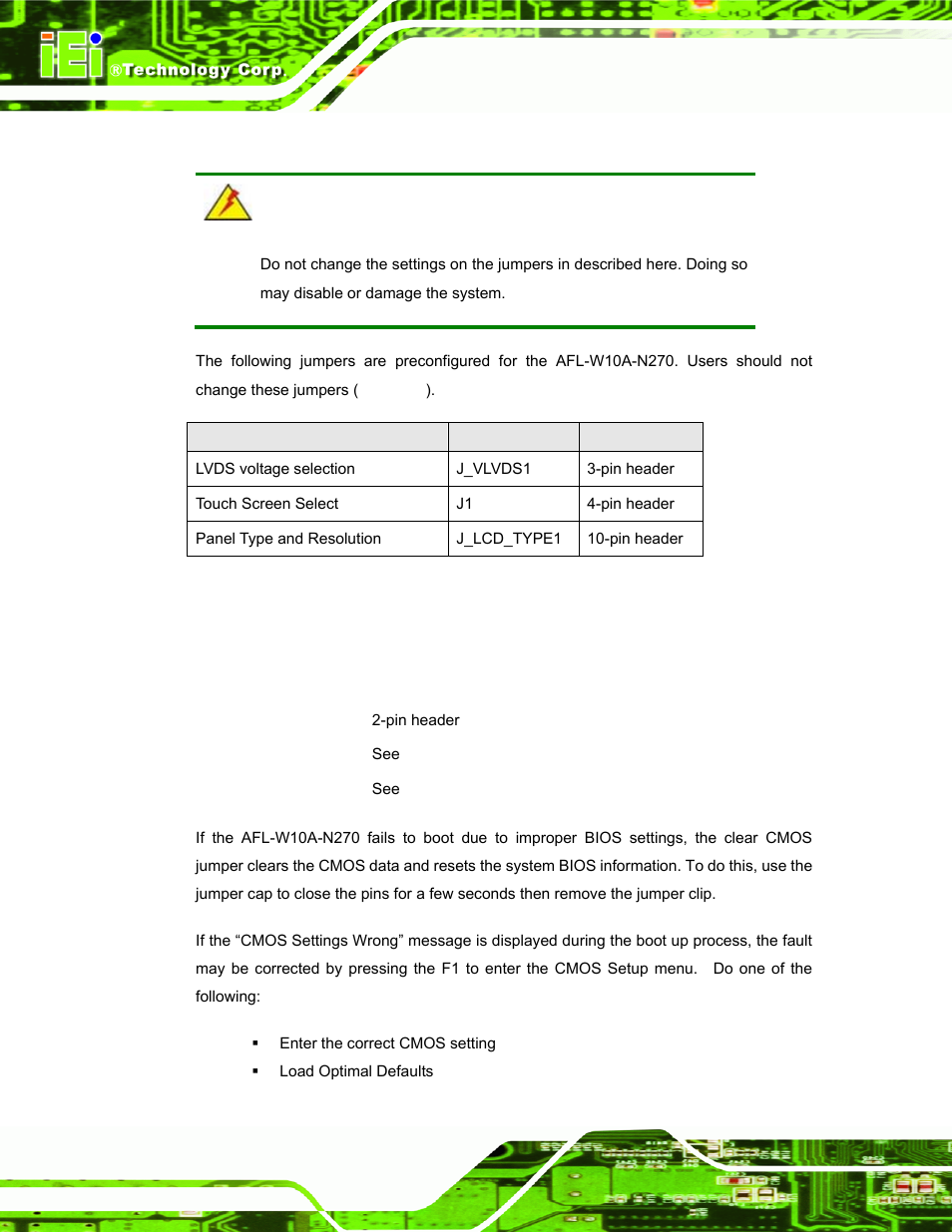 2 preconfigured jumpers, 3 clear cmos jumper, Table 2-2: preconfigured jumpers | IEI Integration AFL-W10A-N270 v2.13 User Manual | Page 32 / 143
