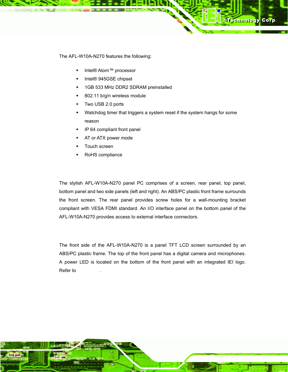 1 features, 2 external overview, 1 front panel | Xternal, Verview | IEI Integration AFL-W10A-N270 v3.10 User Manual | Page 15 / 158
