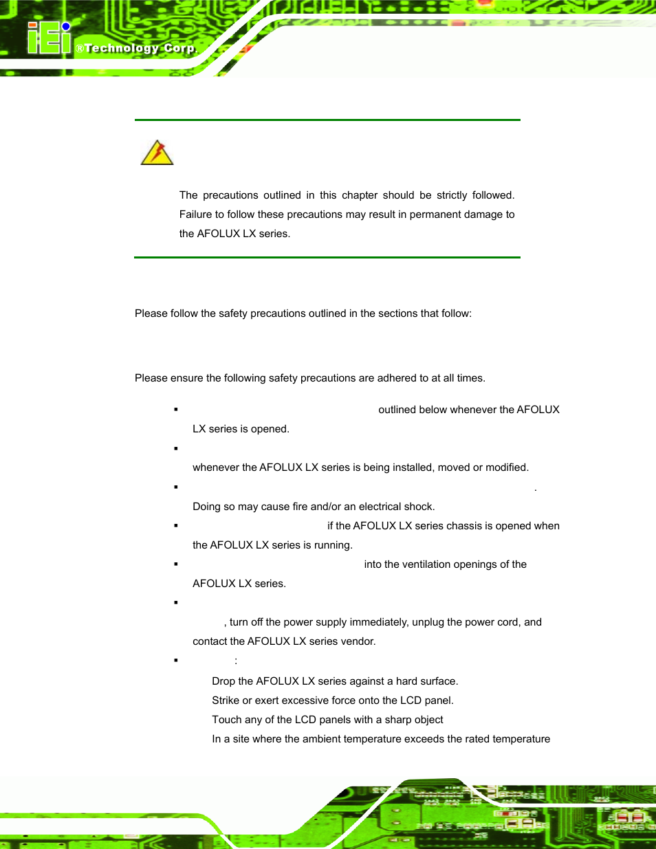 A.1 safety precautions, A.1.1 general safety precautions, Afety | Recautions | IEI Integration AFL-LX-Series v2.01 User Manual | Page 102 / 122