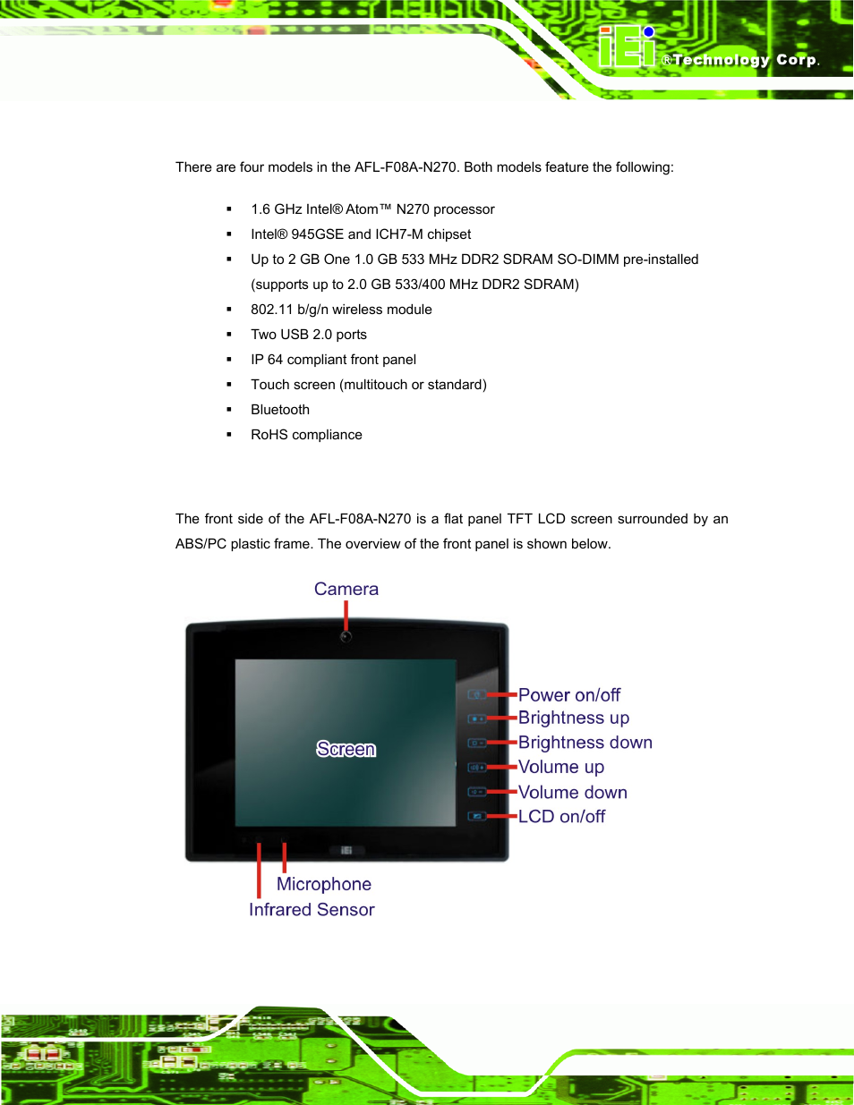 2 features, 3 front panel | IEI Integration AFL-F08A v2.10 User Manual | Page 15 / 143