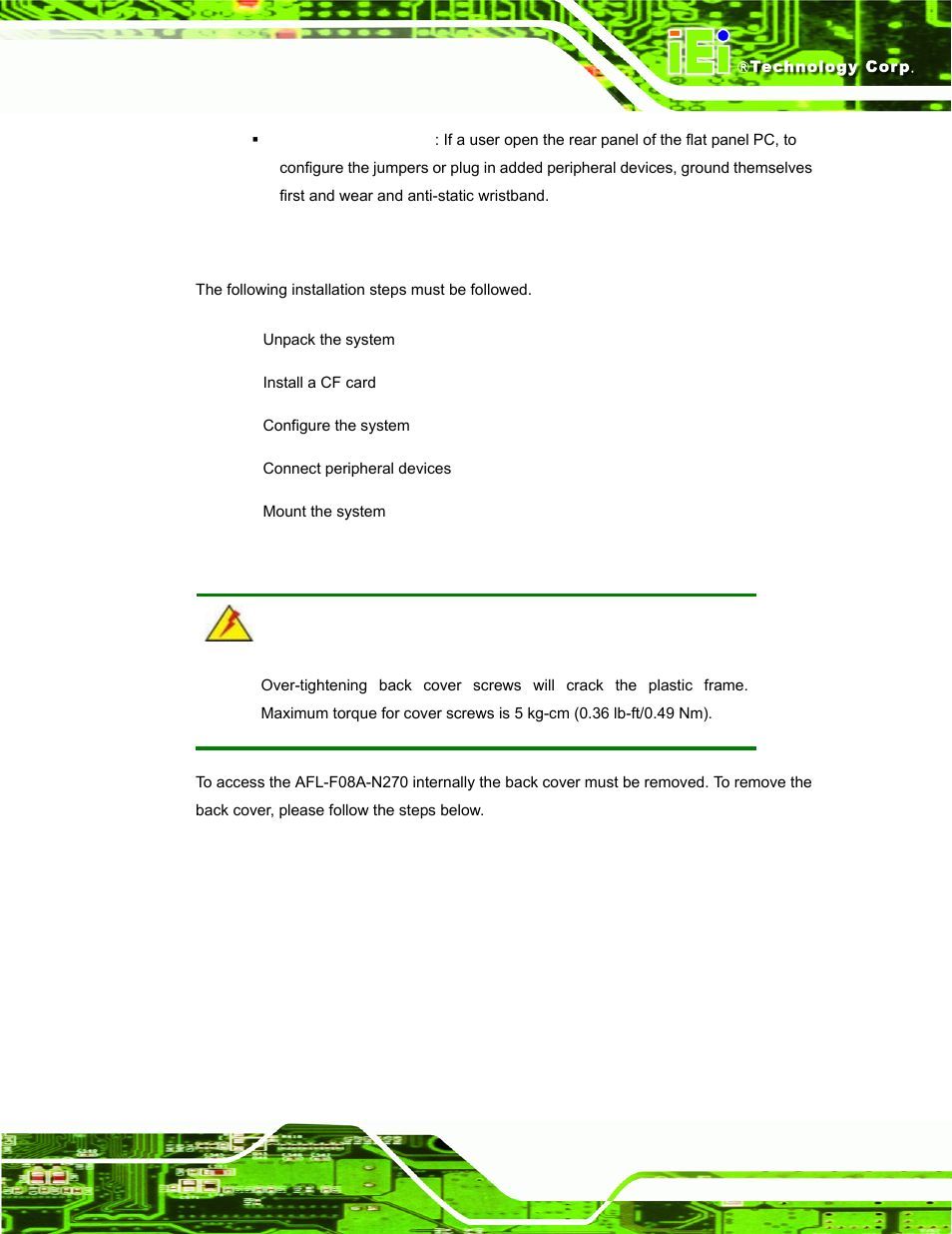 3 installation and configuration steps, 4 removing the back cover | IEI Integration AFL-F08A v2.10 User Manual | Page 27 / 143