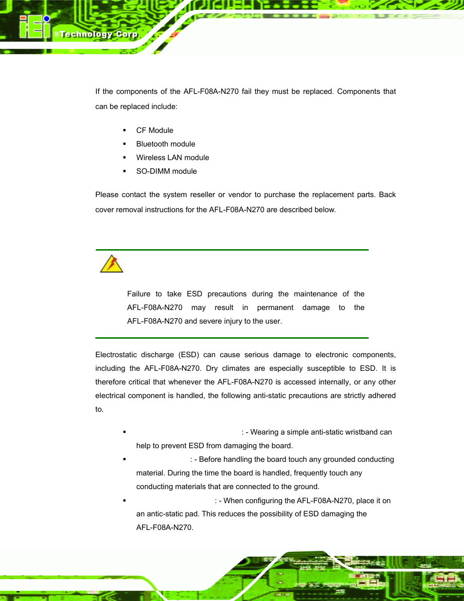 1 system maintenance introduction, 2 anti-static precautions | IEI Integration AFL-F08A v2.10 User Manual | Page 52 / 143