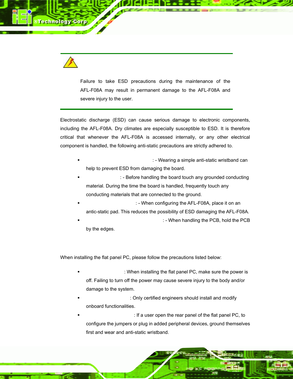 1 anti-static precautions, 2 installation precautions, Static | Recautions, Nstallation | IEI Integration AFL-F08A v1.01 User Manual | Page 26 / 142