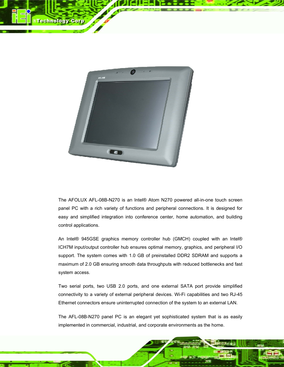 1 afl-08b-n270 panel pc overview, Afl-08b-n270, Anel | Verview, Figure 1-1: afl-08b-n270 panel pc | IEI Integration AFL-08B-N270 v1.00 User Manual | Page 12 / 112