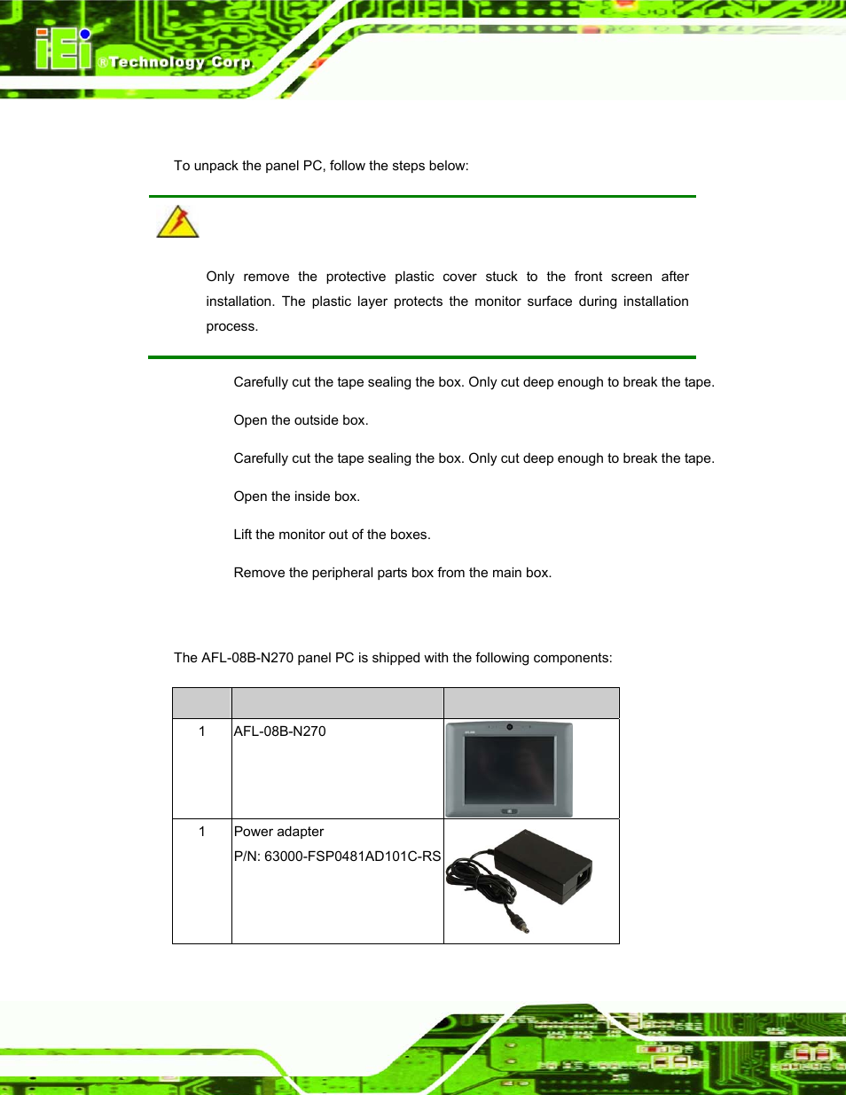 1 unpack the panel pc, 1 packing list, Npack the | Anel | IEI Integration AFL-08B-N270 v1.00 User Manual | Page 22 / 112