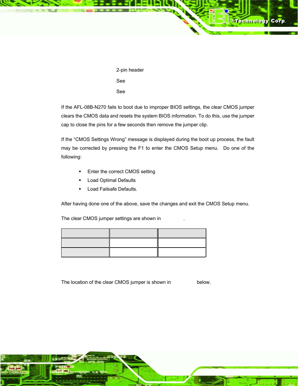 3 clear cmos jumper, Table 2-3: clear cmos jumper settings | IEI Integration AFL-08B-N270 v1.00 User Manual | Page 31 / 112