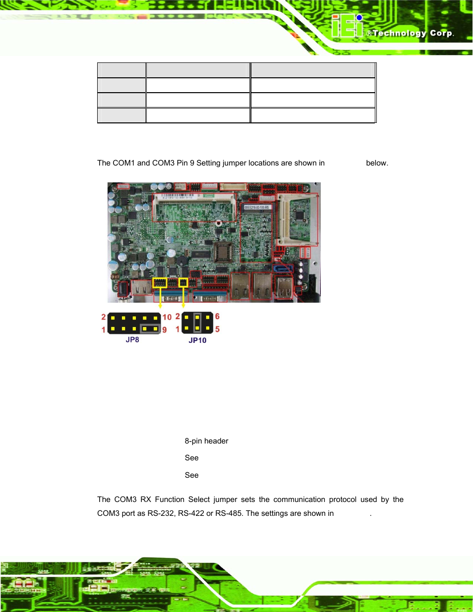 5 com3 rx function select jumper, Table 2-5: com3 pin 9 setting jumper settings, See figure 2-6 | IEI Integration AFL-08B-N270 v1.00 User Manual | Page 33 / 112