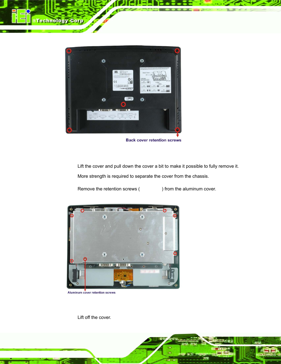 Figure 3-2: back cover retention screws, Figure 3-3: aluminum cover retention screws | IEI Integration AFL-08B-N270 v1.00 User Manual | Page 52 / 112