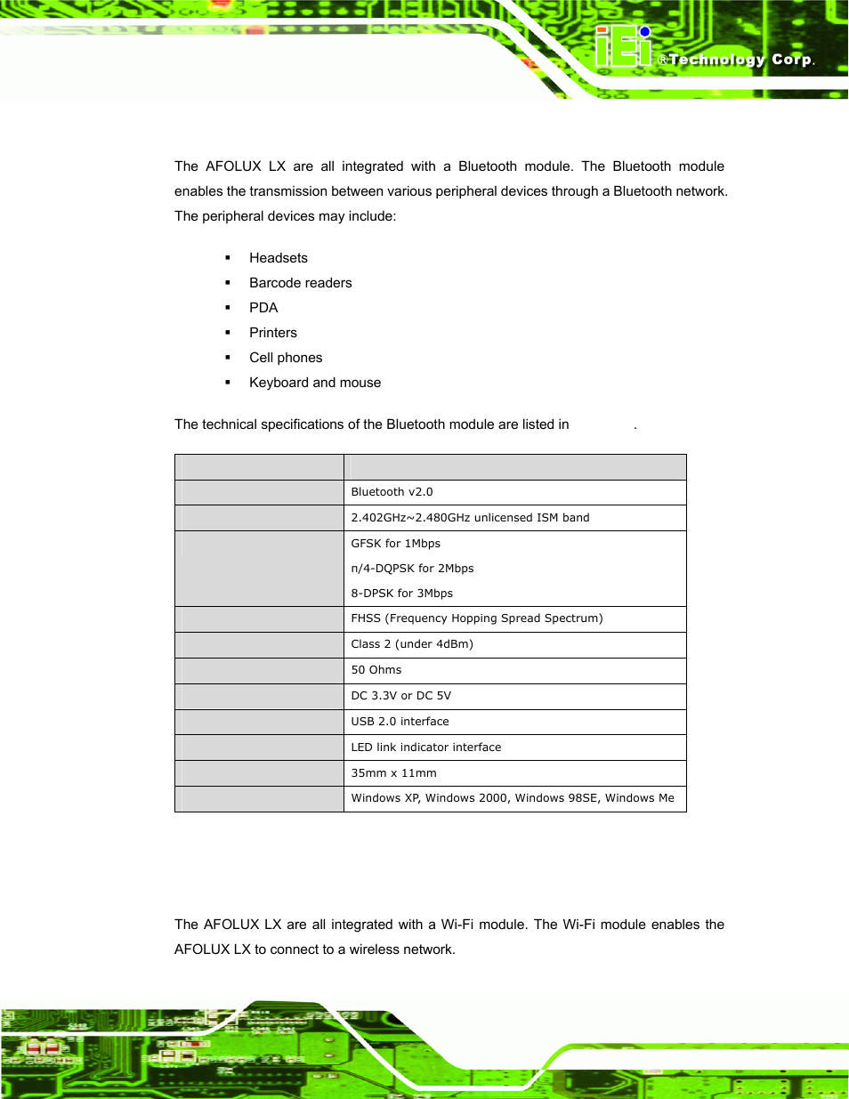 6 bluetooth module specifications, 7 wi-fi module specifications, Table 1-6: bluetooth module specifications | IEI Integration AFL-056A-LX v1.02 User Manual | Page 24 / 116