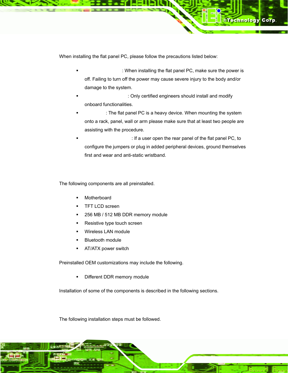 1 installation precautions, 2 preinstalled components, 3 installation and configuration steps | Nstallation, Recautions, Reinstalled, Omponents, Nstallation and, Onfiguration, Teps | IEI Integration AFL-056A-LX v1.02 User Manual | Page 36 / 116