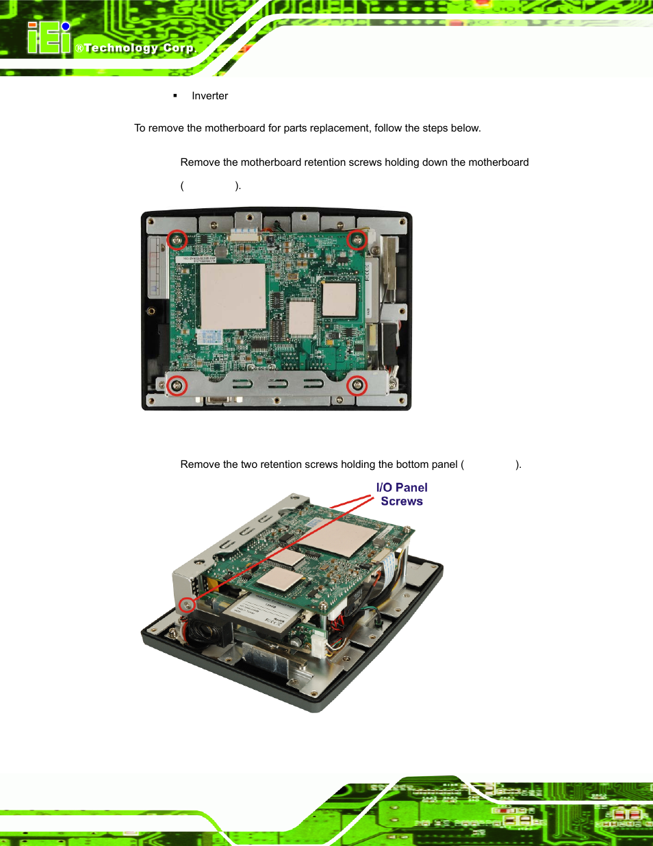Figure 4-1: motherboard retention screws, Figure 4-2: aluminum back cover retention screws | IEI Integration AFL-056A-LX v1.02 User Manual | Page 55 / 116