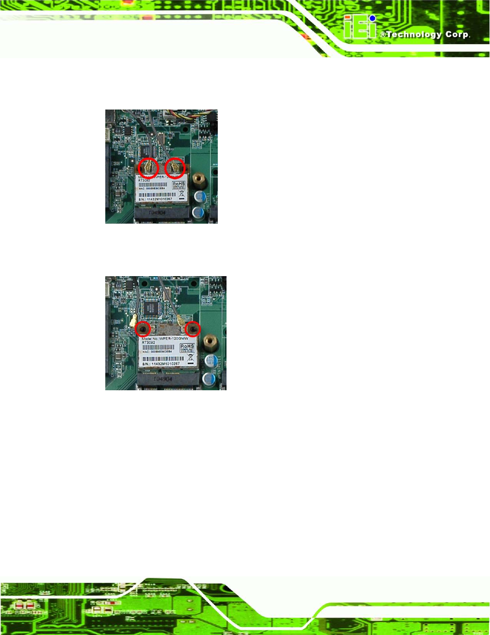 Figure 7-5: removing the antennas, Figure 7-6: releasing the wlan card | IEI Integration AFL2-W19A-H61 v1.11 User Manual | Page 140 / 277