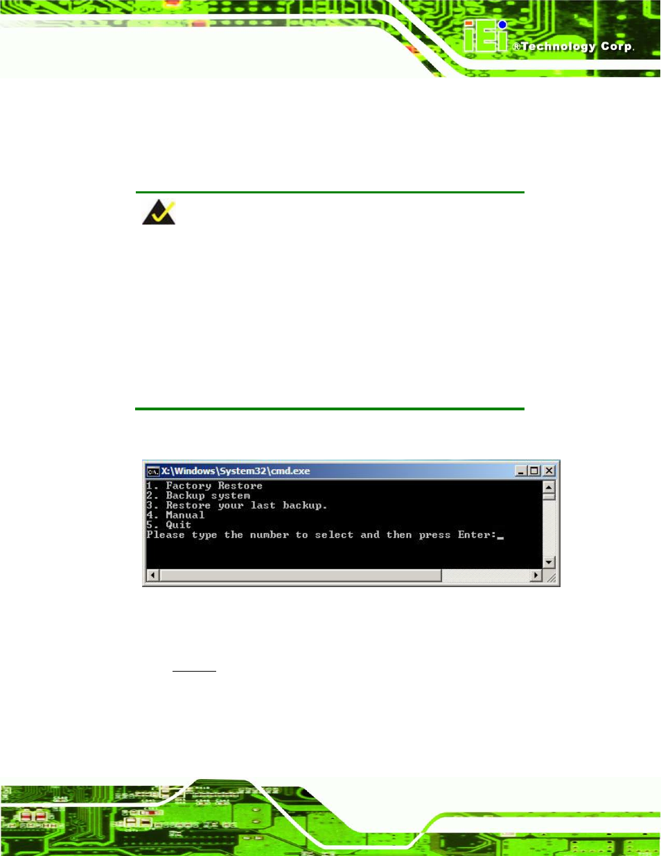 C.1 one key recovery introduction, Ecovery, Ntroduction | Figure c-1: iei one key recovery tool menu | IEI Integration AFL2-W19A-H61 v1.11 User Manual | Page 234 / 277