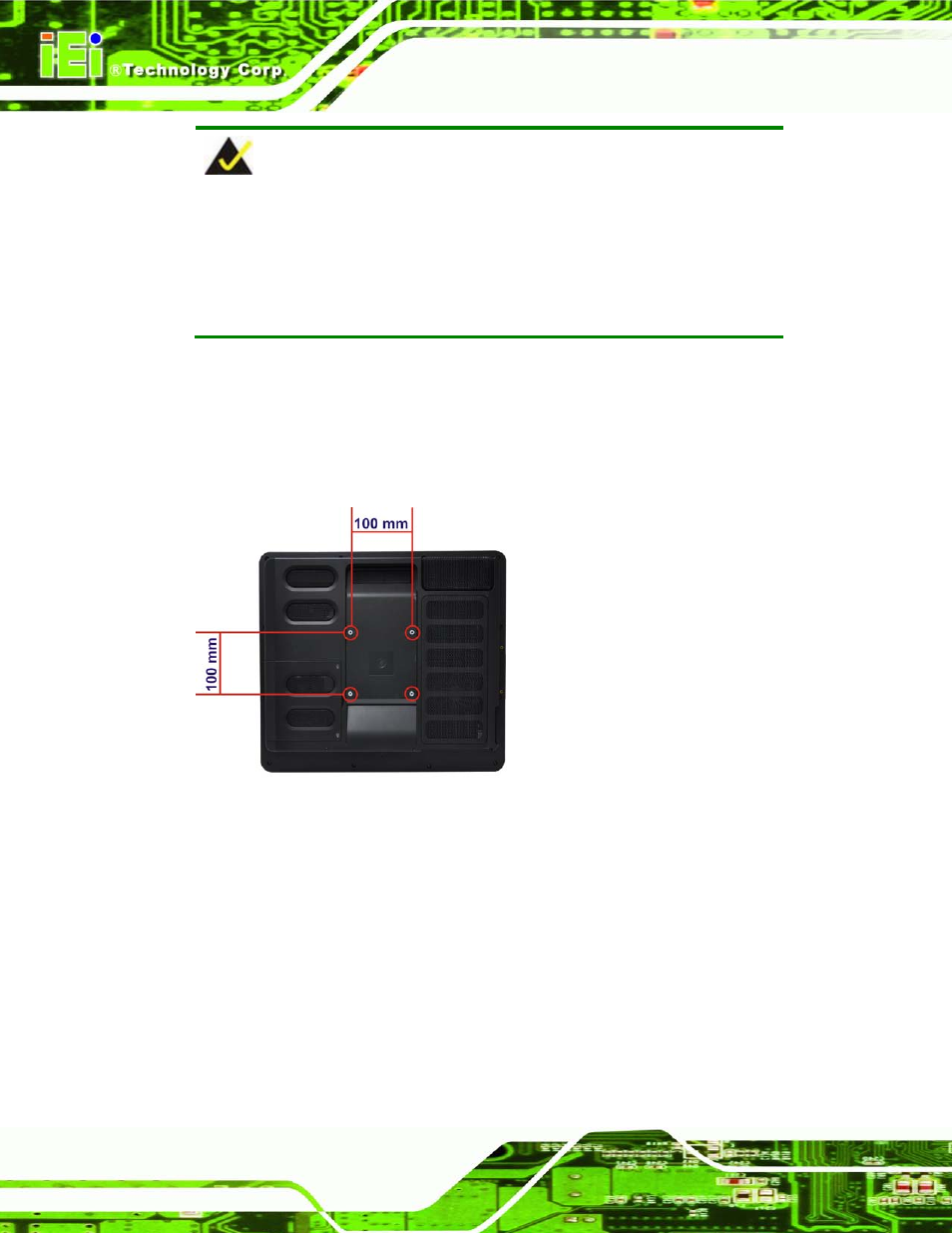 14 external peripheral device connection, Xternal, Eripheral | Evice, Onnection, Figure 5-21: arm mounting retention screw holes | IEI Integration AFL2-17A-H61 v1.02 User Manual | Page 75 / 266