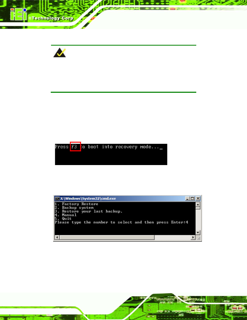 C.2.5 create factory default image, Figure c-10: press f3 to boot into recovery mode, Figure c-11: recovery tool menu | C.2.5 ) | IEI Integration AFL2-17A-H61 v1.11 User Manual | Page 243 / 275