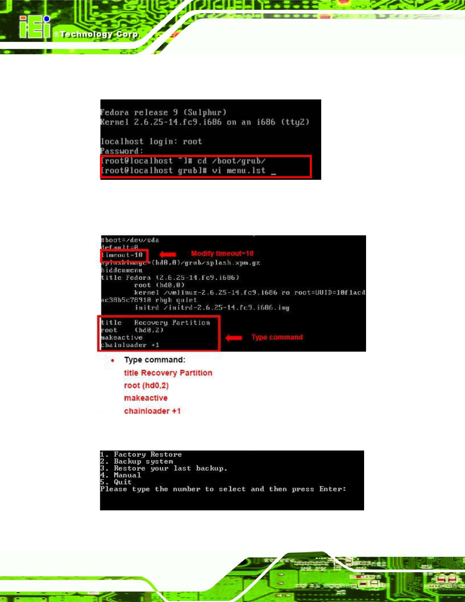 Figure c-31: access menu.lst in linux (text mode), Figure c-32: recovery tool menu | IEI Integration AFL2-17A-H61 v1.11 User Manual | Page 255 / 275