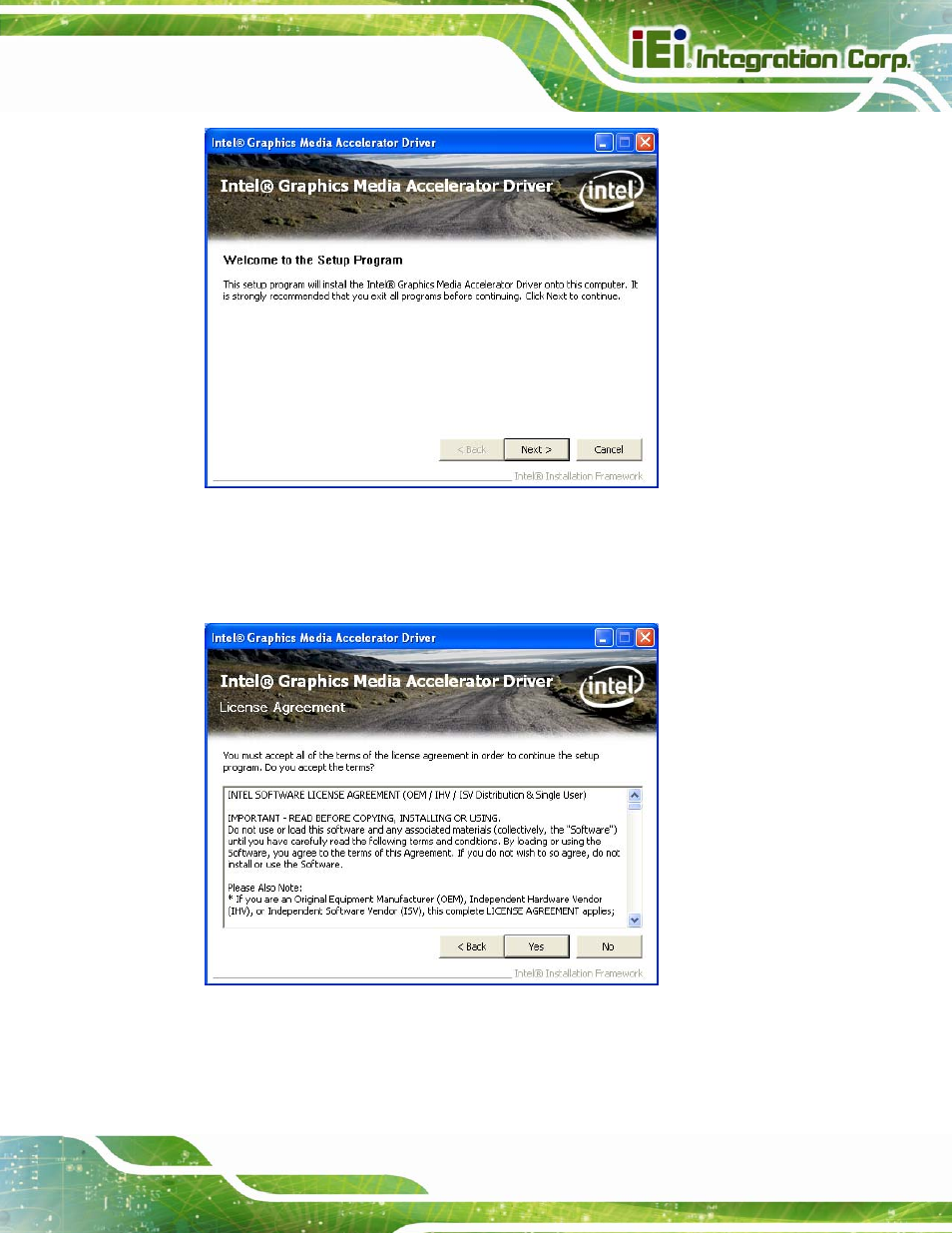 Figure 7-9: graphics driver welcome screen, Figure 7-10: graphics driver license agreement | IEI Integration AFL2-12A-D525 User Manual | Page 111 / 180