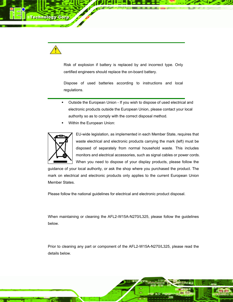 A.1.3 product disposal, A.2 maintenance and cleaning precautions, A.2.1 maintenance and cleaning | IEI Integration AFL2-W15A-N270_W15A-L325 v1.01 User Manual | Page 116 / 165