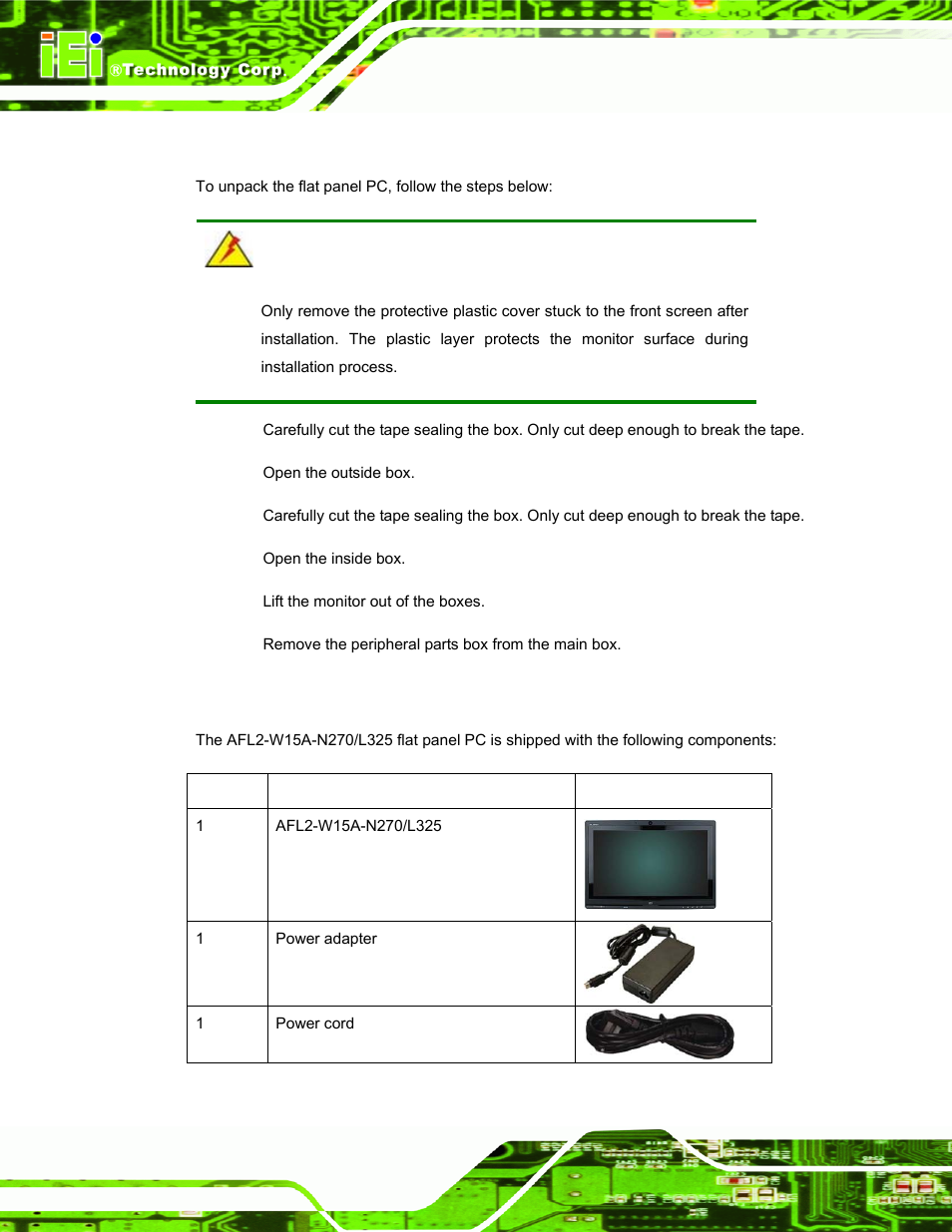 1 unpack the panel pc, 2 packing list | IEI Integration AFL2-W15A-N270_W15A-L325 v1.01 User Manual | Page 24 / 165