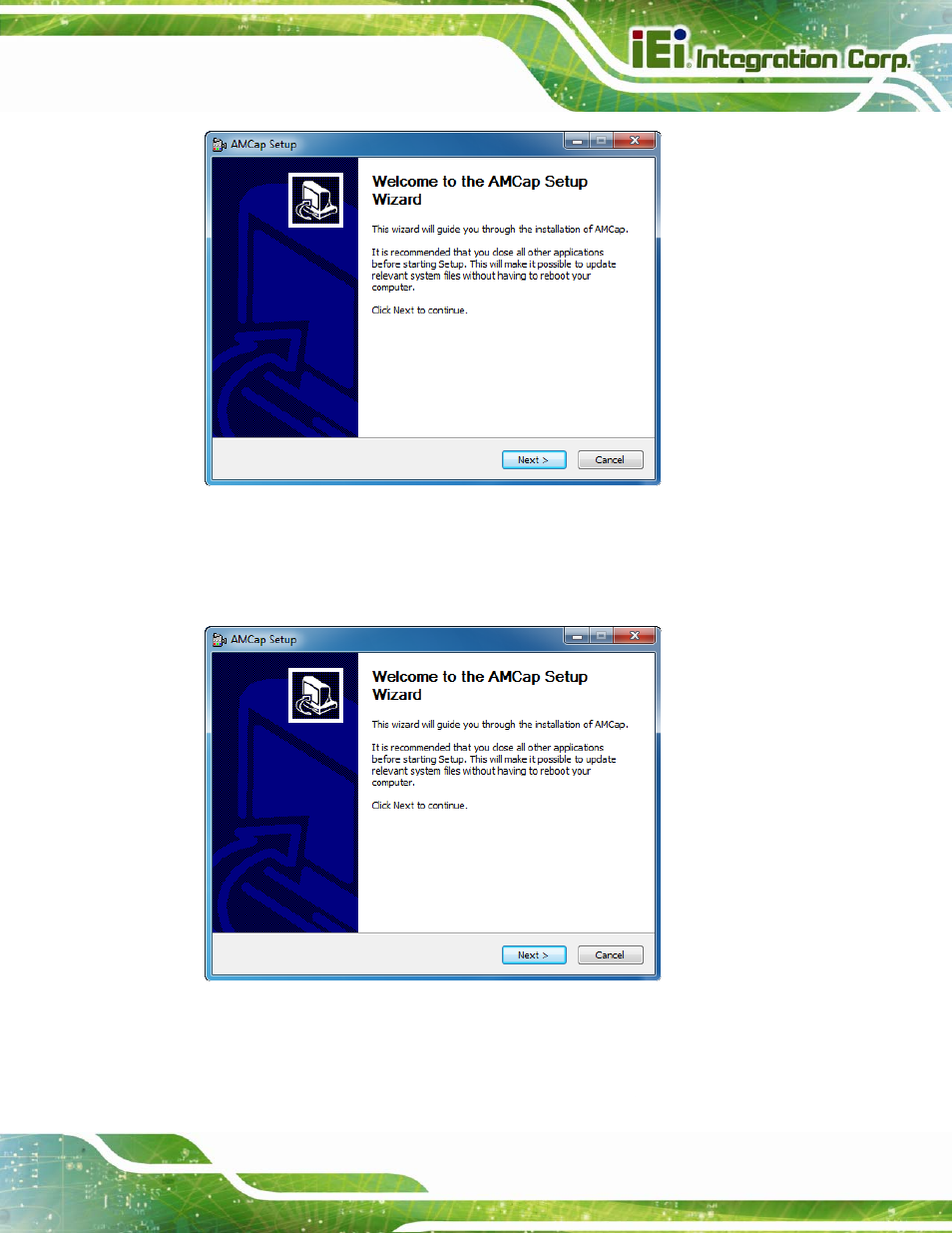 Figure 5-47: amcap driver welcome screen, Figure 5-48: amcap driver choose install location | IEI Integration AFL2-W10A-N28 User Manual | Page 121 / 206
