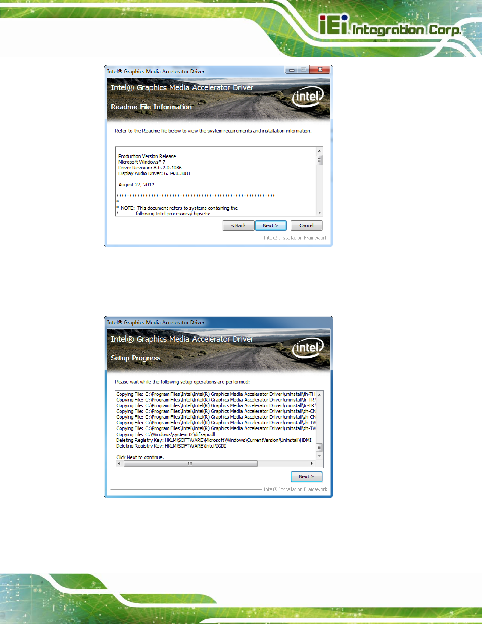 Figure 5-9: graphics driver read me file, Figure 5-10: graphics driver setup operations | IEI Integration AFL2-W10A-N28 User Manual | Page 99 / 206