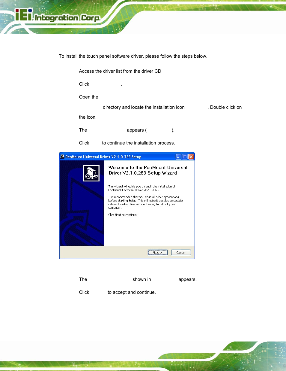 6 touch screen driver, Ouch, Creen | River, Figure 6-24: penmount welcome screen | IEI Integration POC-17i_19i-Series_IEI User Manual | Page 102 / 128