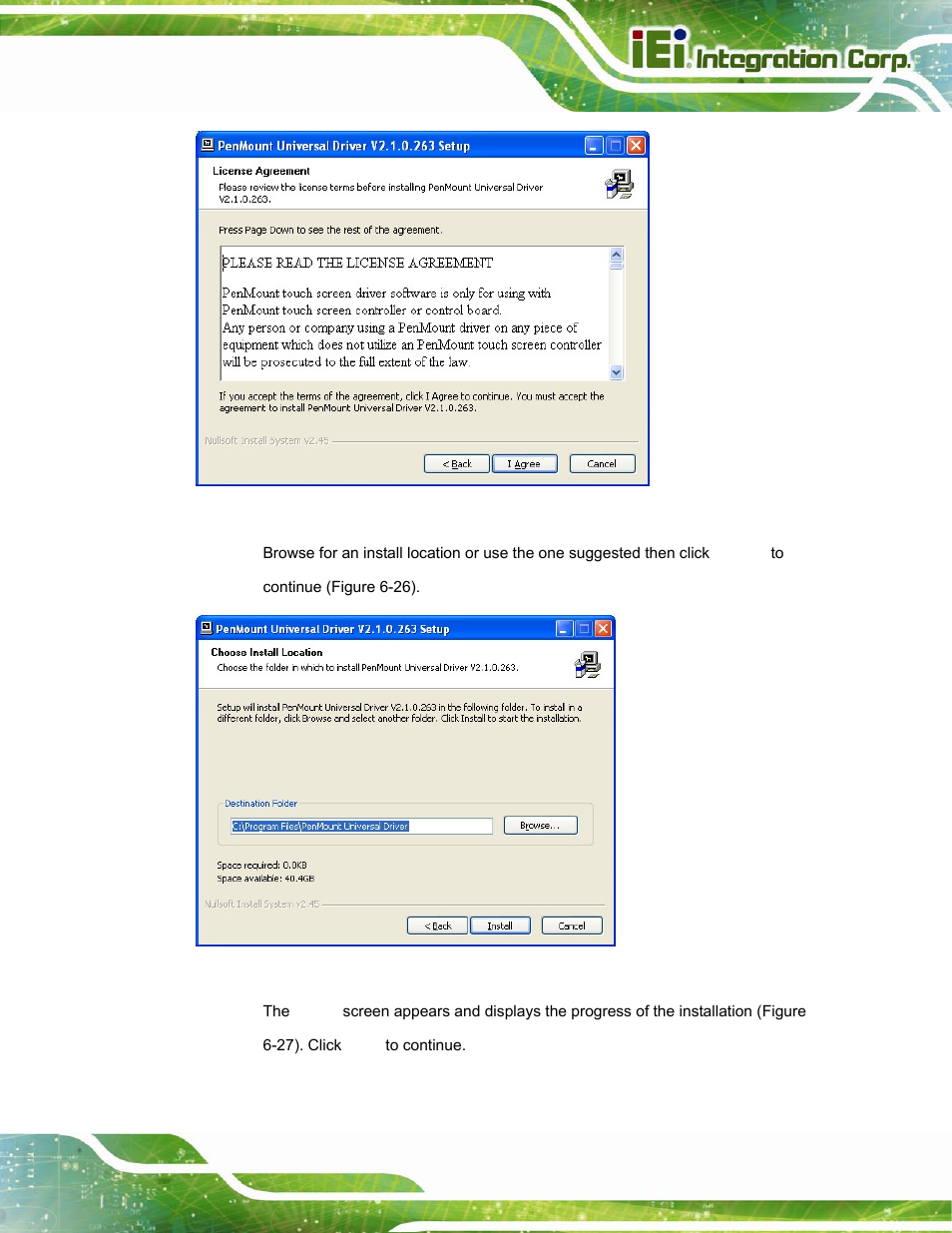 Figure 6-25: license agreement, Figure 6-26: choose install location | IEI Integration POC-17i_19i-Series_IEI User Manual | Page 103 / 128