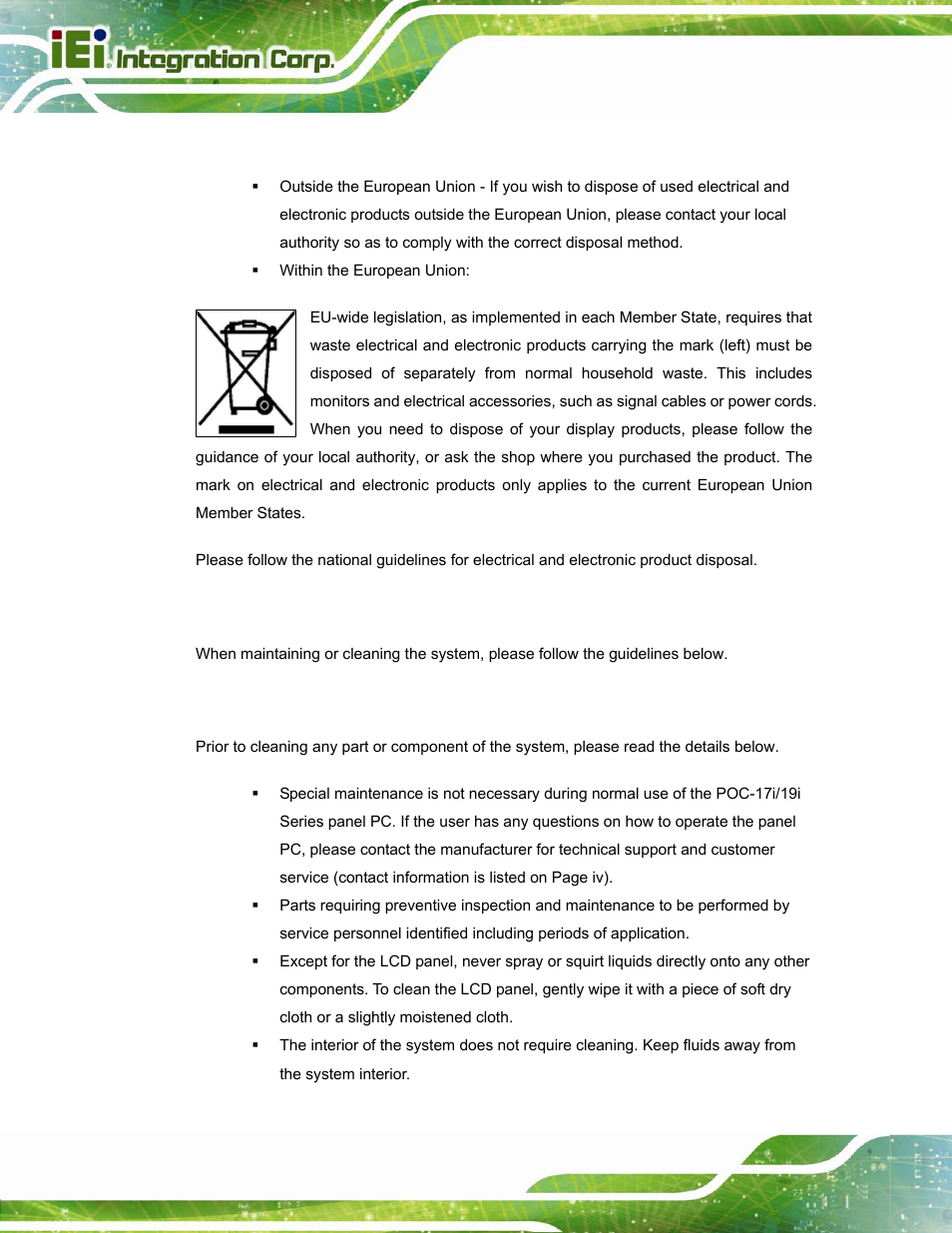 A.1.4 product disposal, A.2 maintenance and cleaning precautions, A.2.1 maintenance and cleaning | Aintenance and, Leaning, Recautions | IEI Integration POC-17i_19i-Series_IEI User Manual | Page 116 / 128