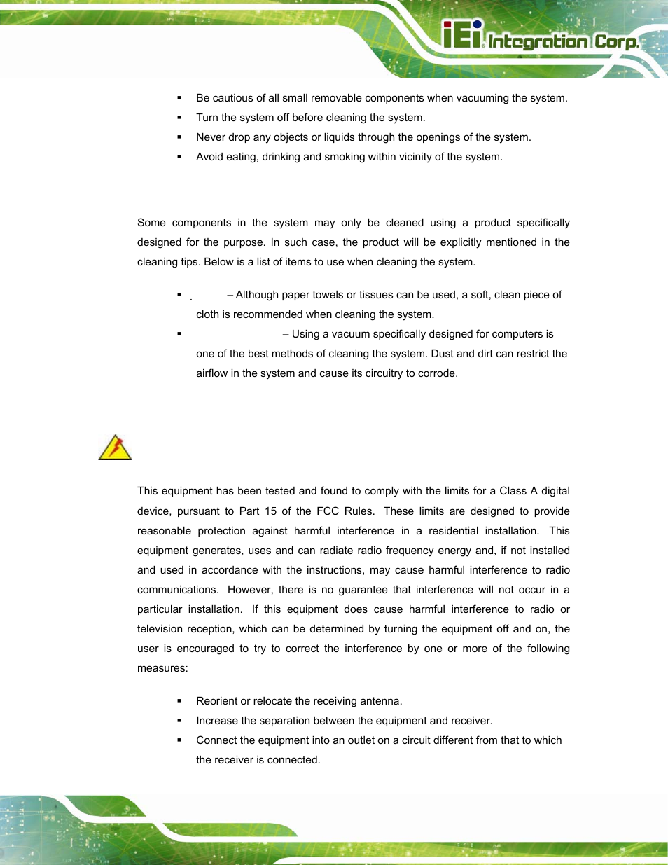 A.2.2 cleaning tools, A.3 fcc precautions, Recautions | IEI Integration POC-17i_19i-Series_IEI User Manual | Page 117 / 128