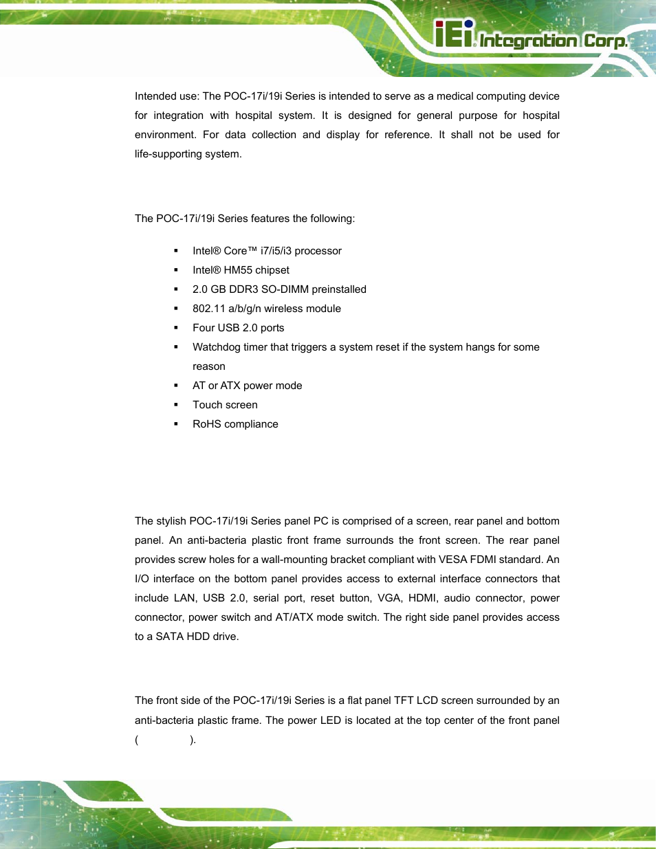 2 features, 3 external overview, 1 general description | 2 front panel, Eatures, Xternal, Verview | IEI Integration POC-17i_19i-Series_IEI User Manual | Page 15 / 128