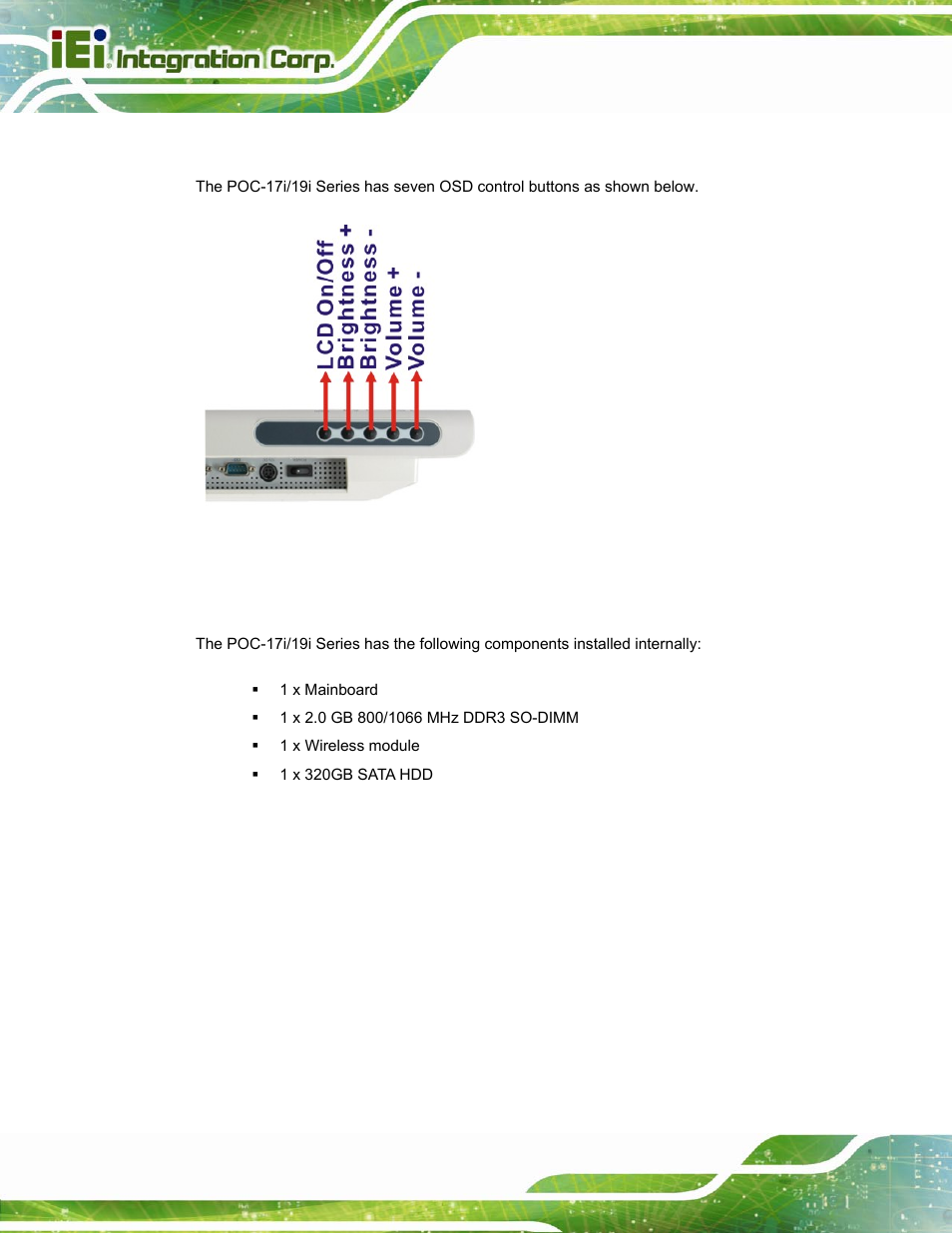 5 osd control buttons, 4 internal overview, Nternal | Verview, Figure 1-5: osd control buttons | IEI Integration POC-17i_19i-Series_IEI User Manual | Page 18 / 128