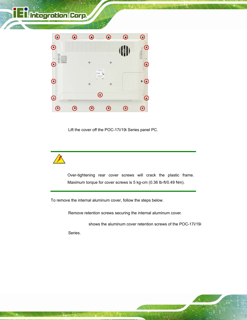 5 removing the internal aluminum cover, Emoving the, Nternal | Luminum, Over, Figure 3-1: back cover retention screws | IEI Integration POC-17i_19i-Series_IEI User Manual | Page 30 / 128