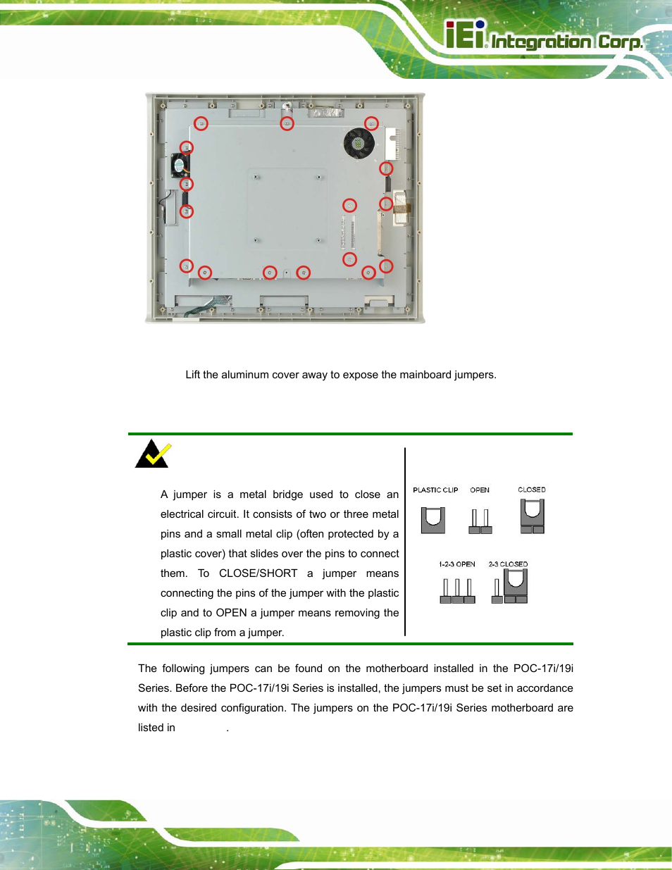 6 jumper settings, Umper, Ettings | Figure 3-2: aluminum back cover retention screws | IEI Integration POC-17i_19i-Series_IEI User Manual | Page 31 / 128