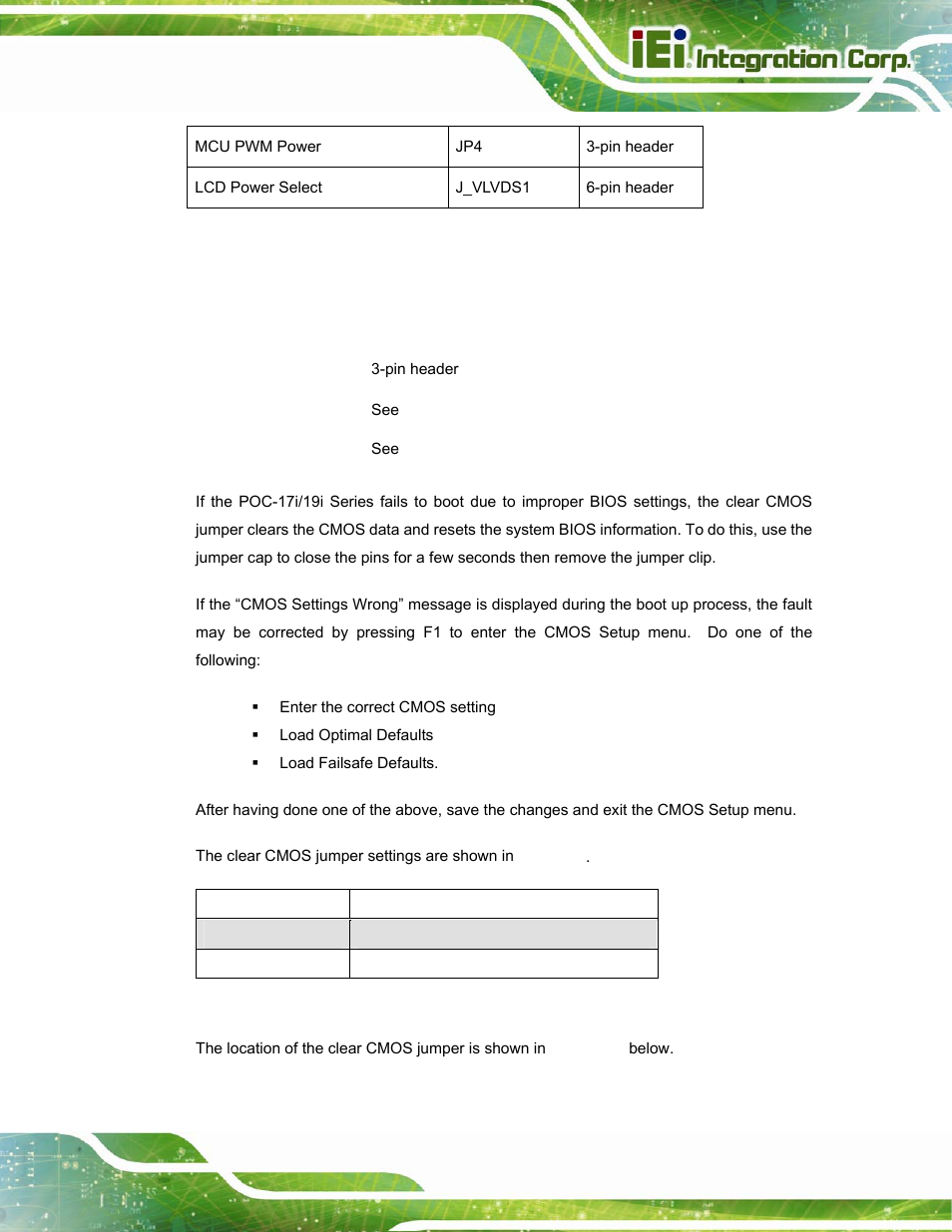 3 clear cmos jumper, Table 3-2: preconfigured jumpers, Table 3-3: clear cmos jumper settings | IEI Integration POC-17i_19i-Series_IEI User Manual | Page 33 / 128