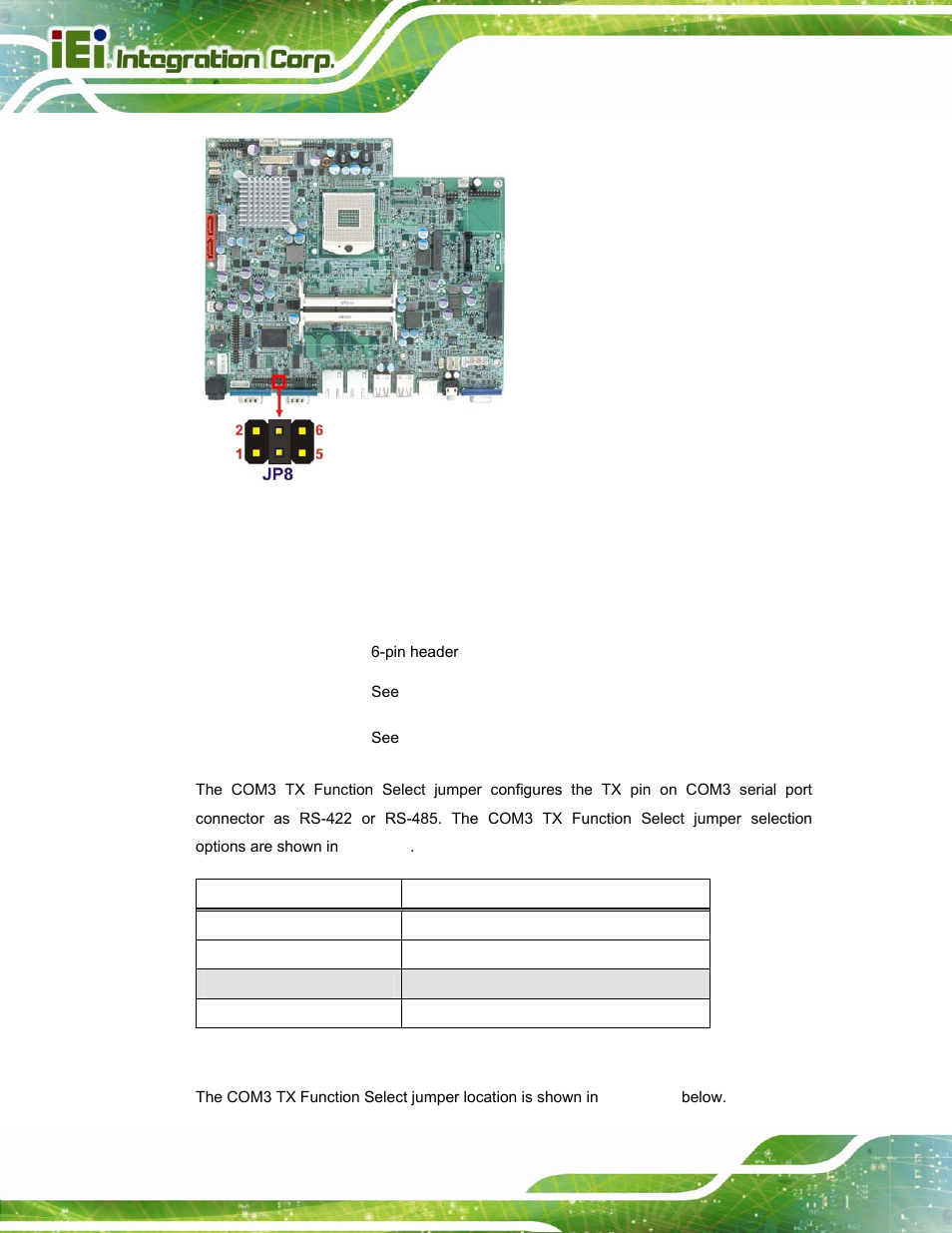 5 com3 tx function select jumper, Figure 3-5: jp8 jumper setting location, Table 3-6: com3 tx function select jumper settings | Figure 3-5 | IEI Integration POC-17i_19i-Series_IEI User Manual | Page 36 / 128