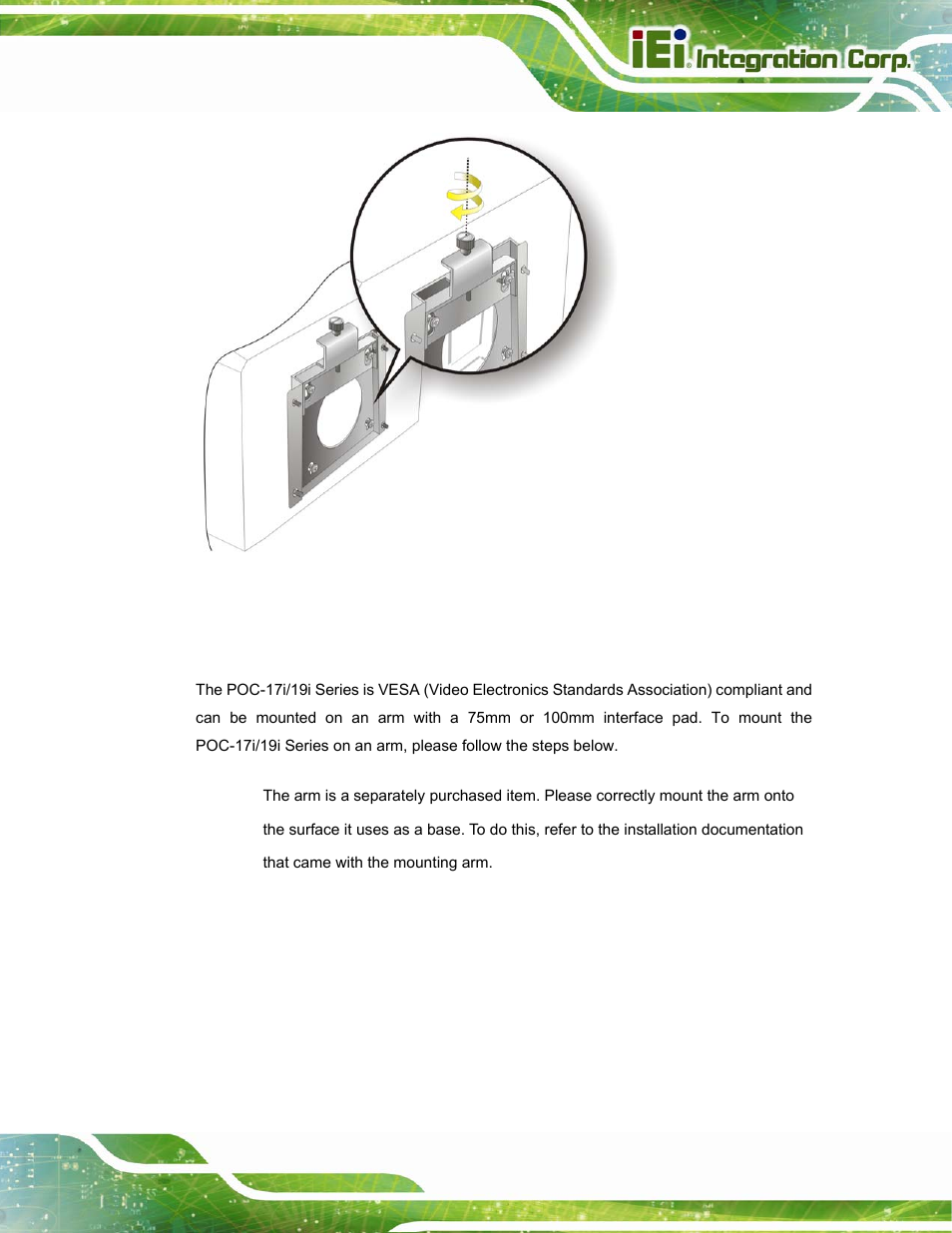 2 arm mounting, Figure 3-15: securing the panel pc | IEI Integration POC-17i_19i-Series_IEI User Manual | Page 47 / 128