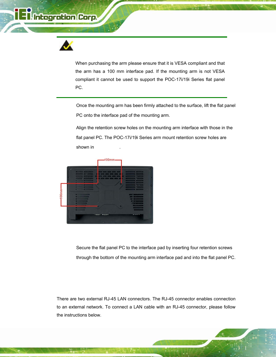 8 bottom panel connectors, 1 lan connection, Ottom | Anel, Onnectors, Figure 3-16: arm mounting retention screw holes | IEI Integration POC-17i_19i-Series_IEI User Manual | Page 48 / 128