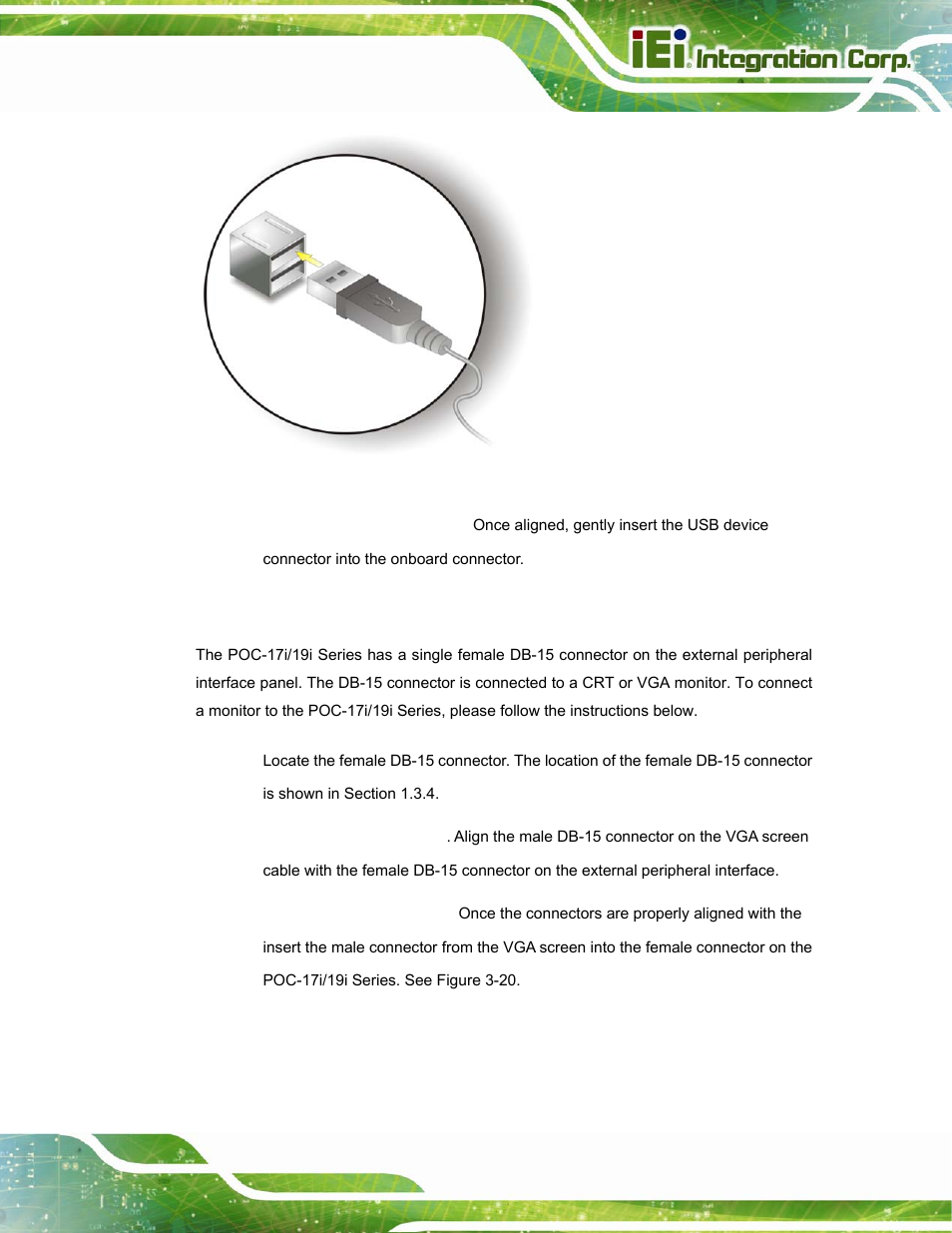 4 vga monitor connection, Figure 3-19: usb device connection | IEI Integration POC-17i_19i-Series_IEI User Manual | Page 51 / 128