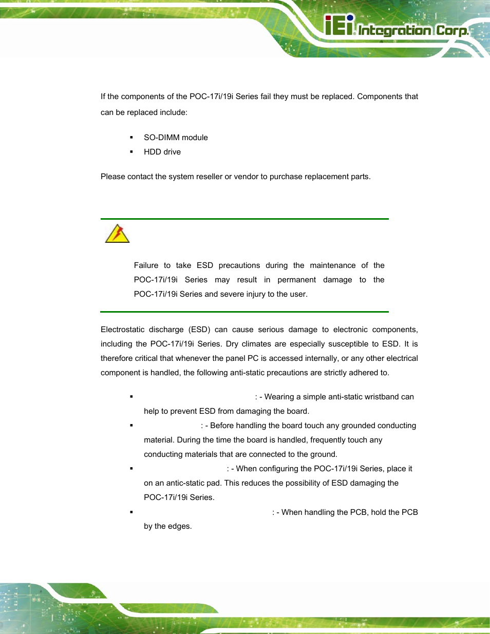1 system maintenance introduction, 2 anti-static precautions, Ystem | Aintenance, Ntroduction, Static, Recautions | IEI Integration POC-17i_19i-Series_IEI User Manual | Page 55 / 128
