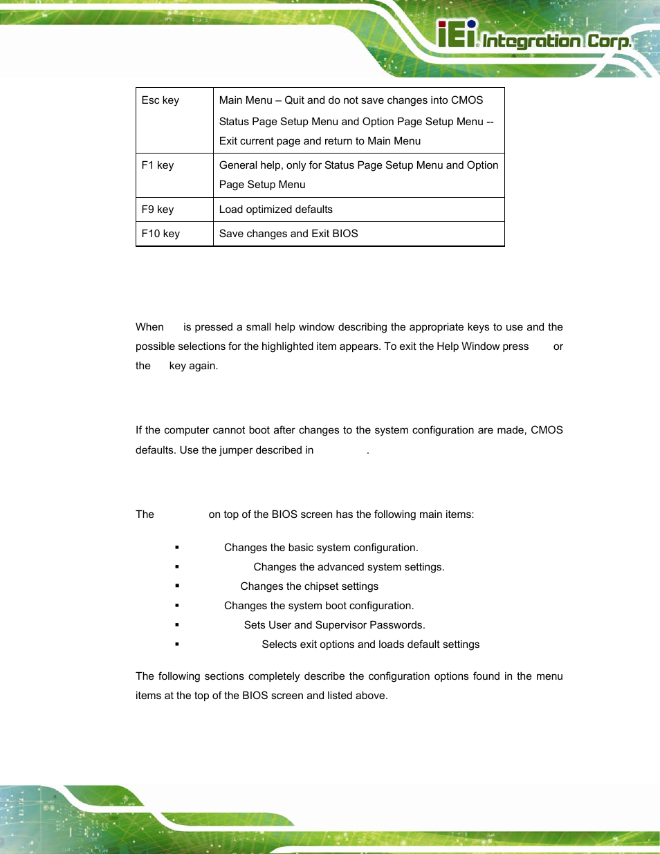 3 getting help, 4 unable to reboot after configuration changes, 5 bios menu bar | Table 5-1: bios navigation keys | IEI Integration POC-17i_19i-Series_IEI User Manual | Page 63 / 128