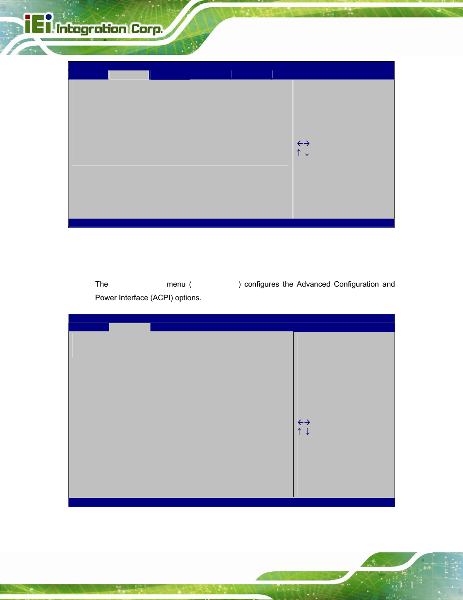 1 acpi settings, Bios menu 2: advanced, Bios menu 3: acpi configuration | IEI Integration POC-17i_19i-Series_IEI User Manual | Page 66 / 128