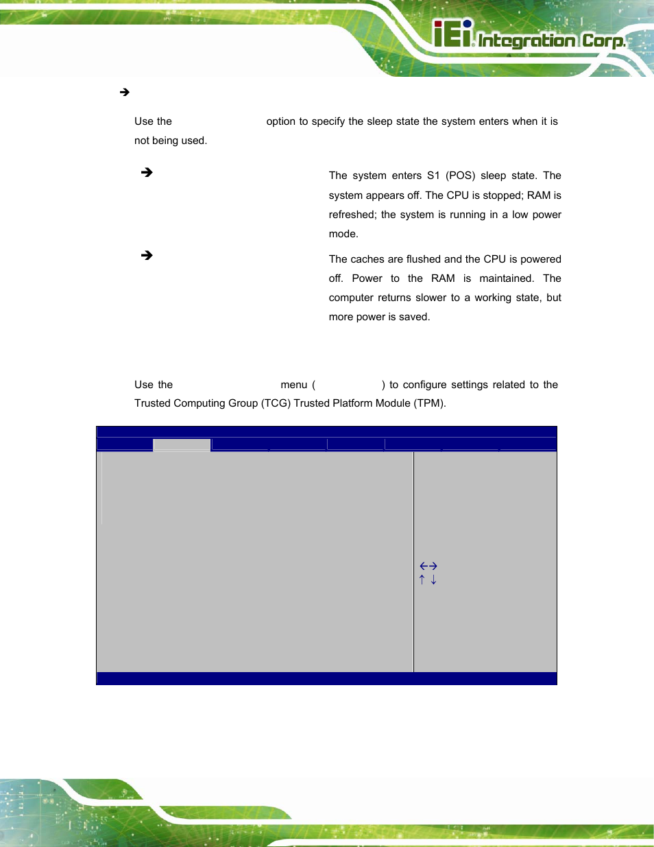 2 trusted computing, Bios menu 4: tpm configuration | IEI Integration POC-17i_19i-Series_IEI User Manual | Page 67 / 128